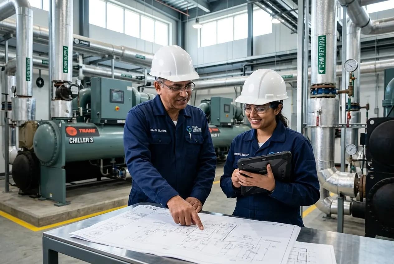 Engineers reviewing HVAC drawings on site