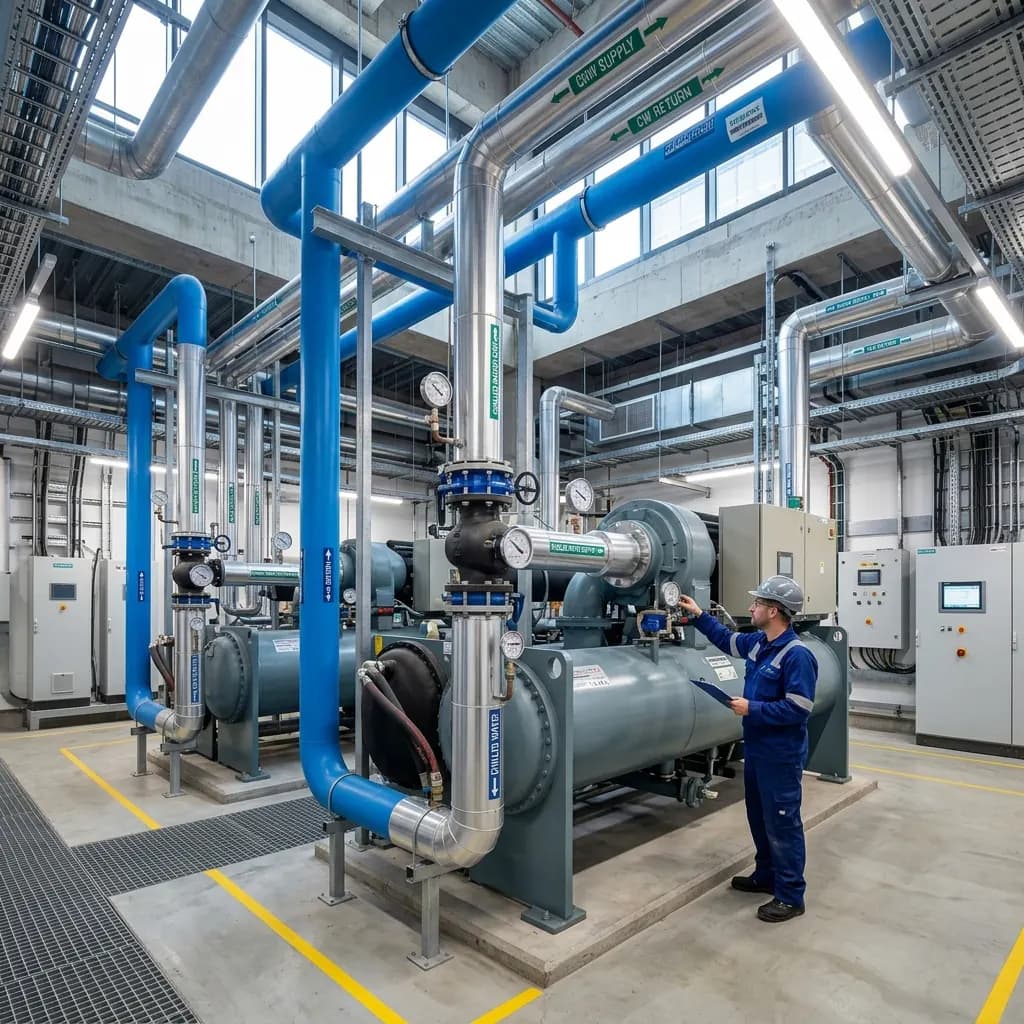 Large-scale commercial HVAC chiller plant installation in a modern mechanical room
