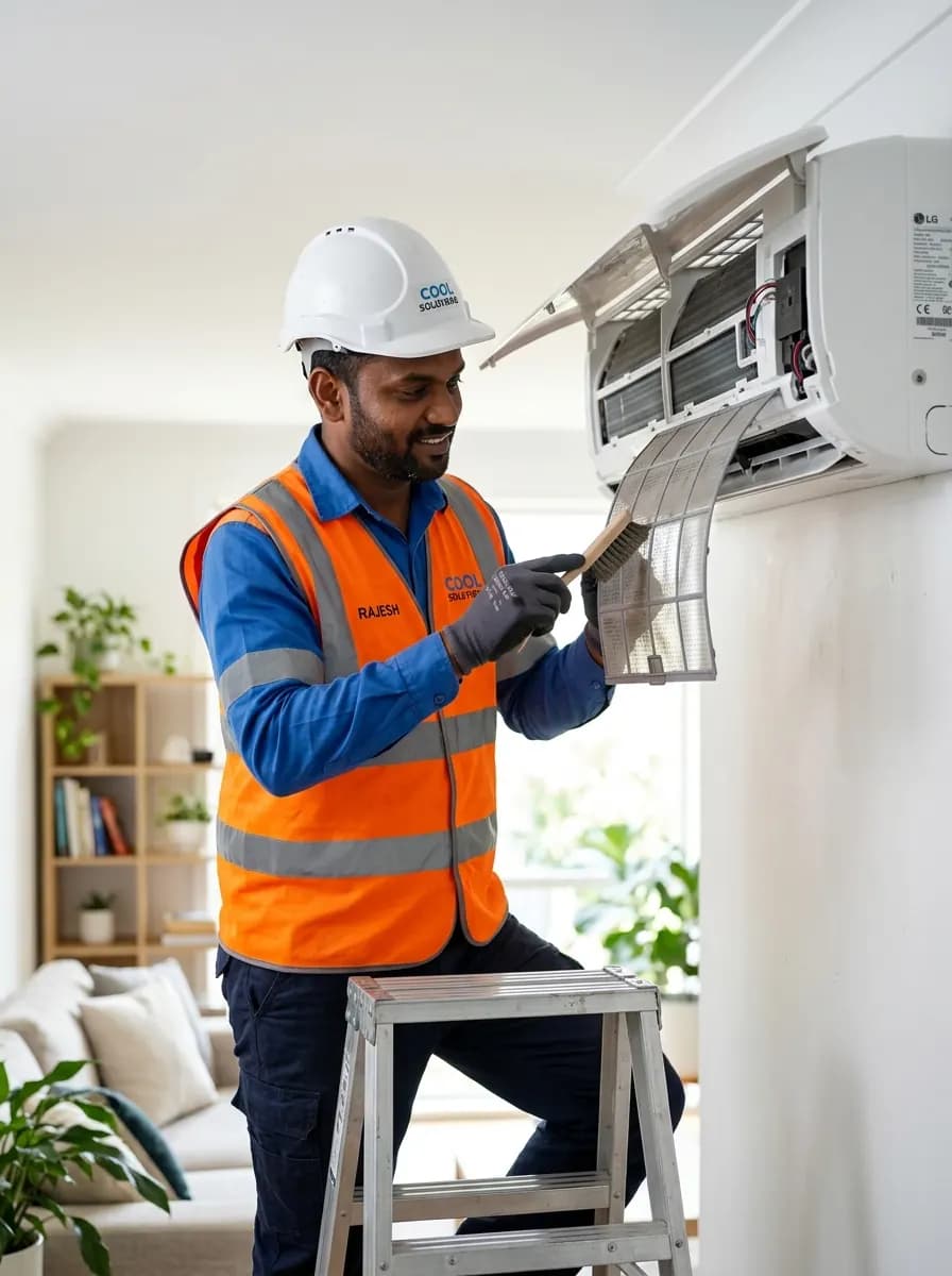 HVAC technician inspecting air filters inside a modern residence