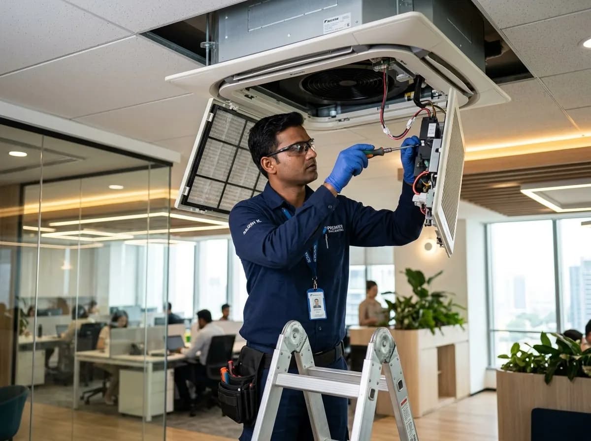 Technician cleaning an AC filter inside a modern home