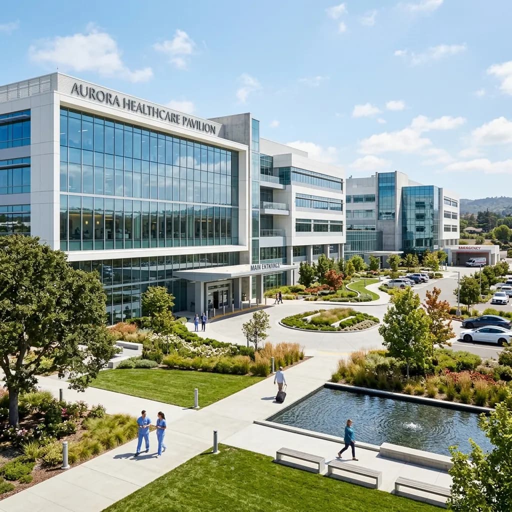 Premium architectural visualization of a modern hospital exterior