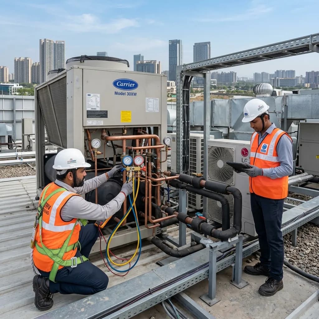 Rooftop HVAC condensing units on a commercial building under strong summer sun