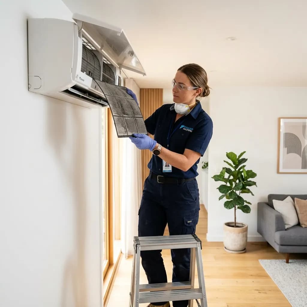 HVAC technician carrying out scheduled preventive maintenance on commercial plant