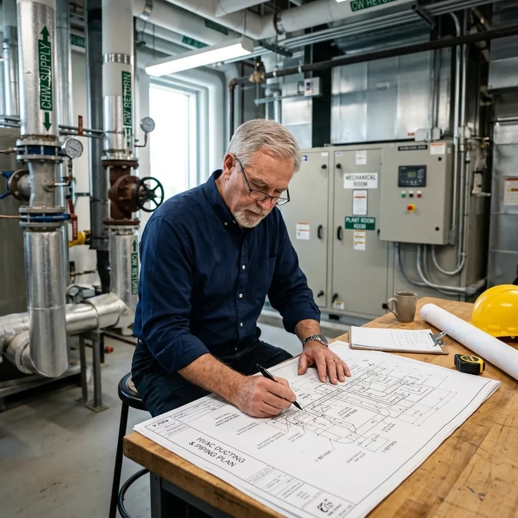 Senior mechanical engineer reviewing commercial HVAC technical drawings on site