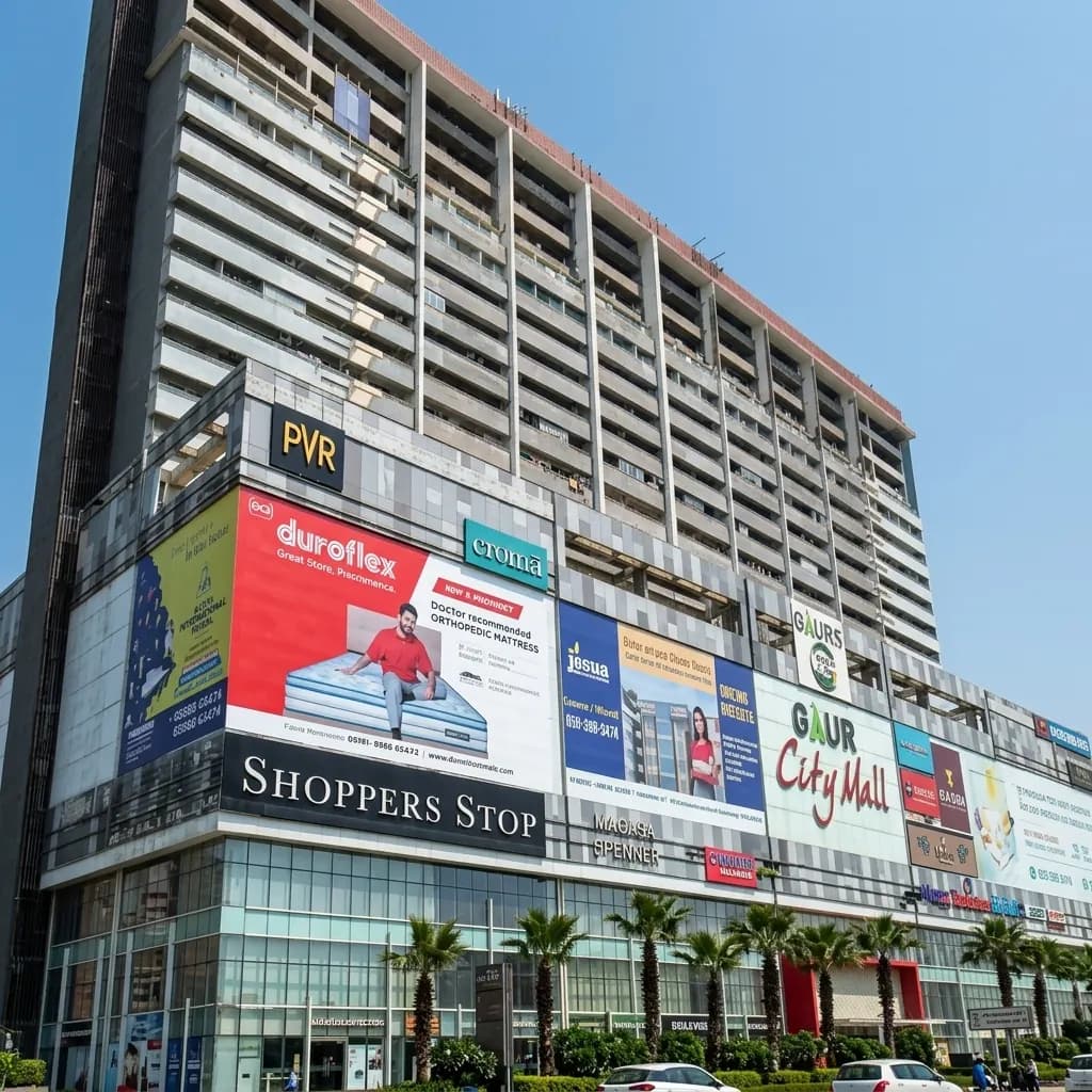 Gaur City Mall commercial complex with Shoppers Stop and PVR signage at Greater Noida West