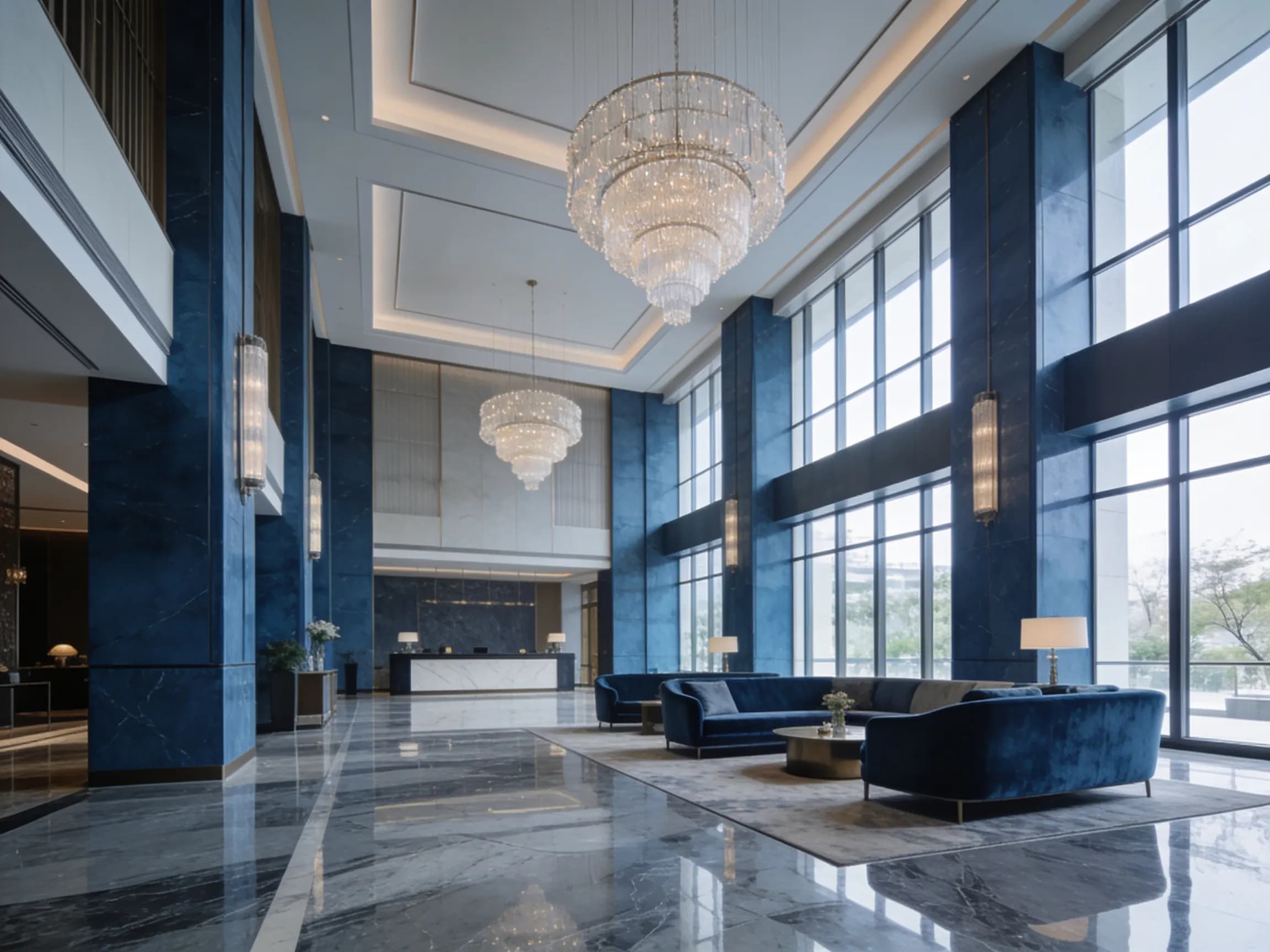 Hotel lobby with high ceilings