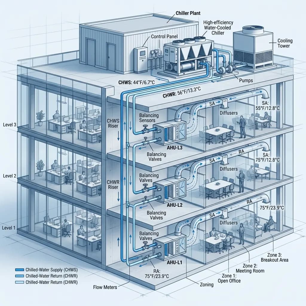 Architectural visualization of a centralized chilled-water cooling system showing chiller plant and AHU zones