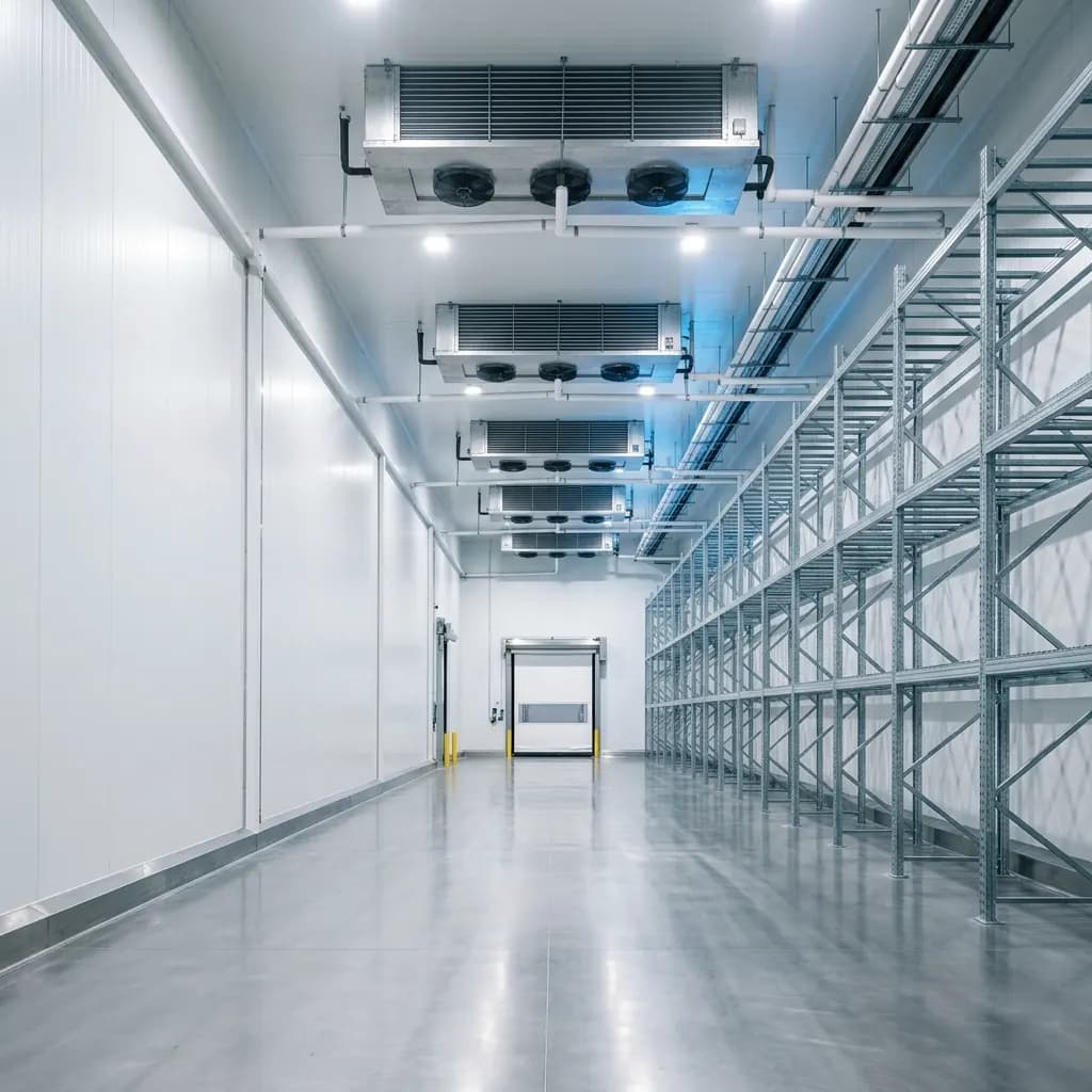 Industrial cold room with its insulated door open, showing frosted shelving inside