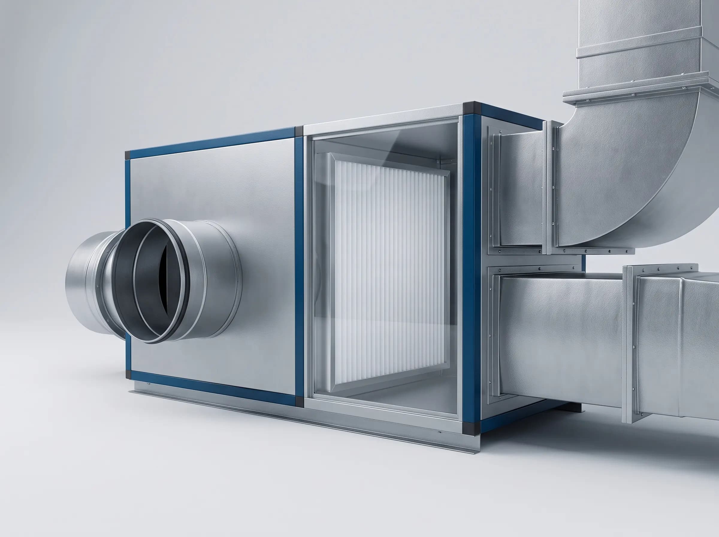Air-handling unit with a pleated filter visible behind a glazed access panel