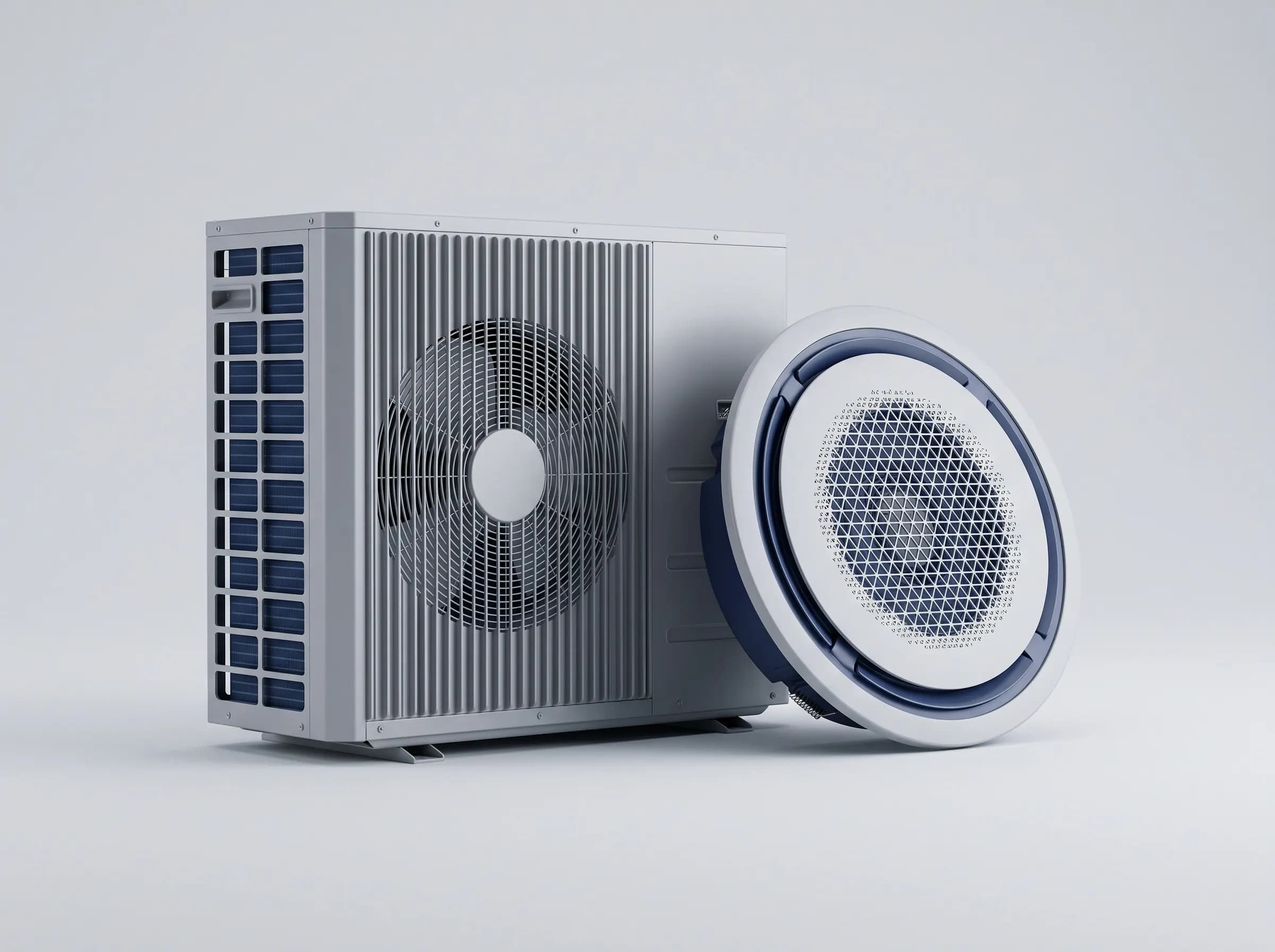 VRF outdoor condensing unit beside a round ceiling-cassette indoor unit