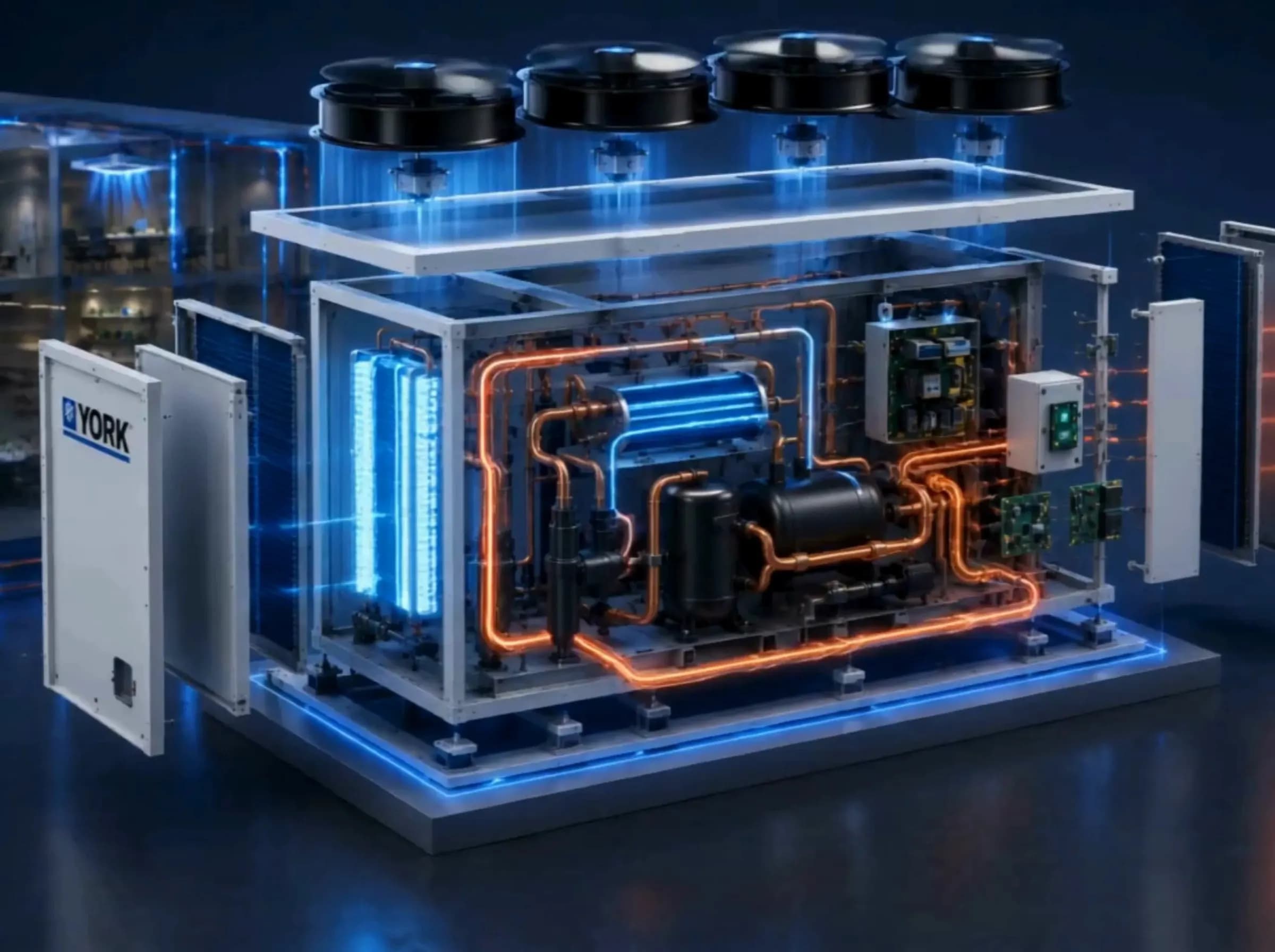 Exploded view of a variable-speed chiller: fans and heat-exchanger panels lifted away to reveal the compressor, copper pipework, inverter drive and control boards