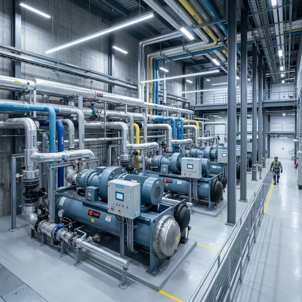Premium architectural photograph of a state-of-the-art commercial chiller plant installation