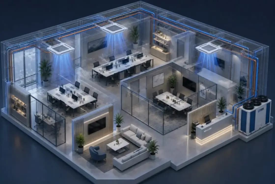 Cutaway animation of an office building served by a central chilled-water plant: flow and return pipes run from an outdoor variable-speed chiller to ceiling units across the floor plate, then the view moves inside the chiller to show its heat exchanger, compressor, inverter drive and control boards.